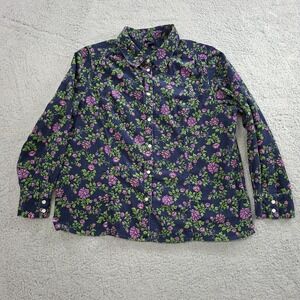 VTG Basic Editions Navy Floral Corduroy Shirt Top 1X Pearl Snap Pocket Blouse
